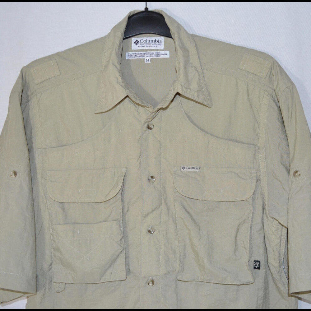Columbia GRT Nylon Shirt Khaki Tan Front Vent Outdoors Hiking Button S/S Men's M